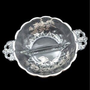 Silver City Glass Flanders Poppy Silver Overlay Crystal Divided Scalloped Dish